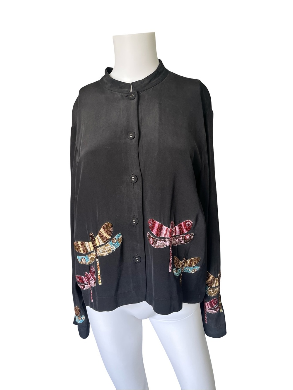 Citron Santa Monica Button Front Top Black Beaded Dragonfly Womens Size Large